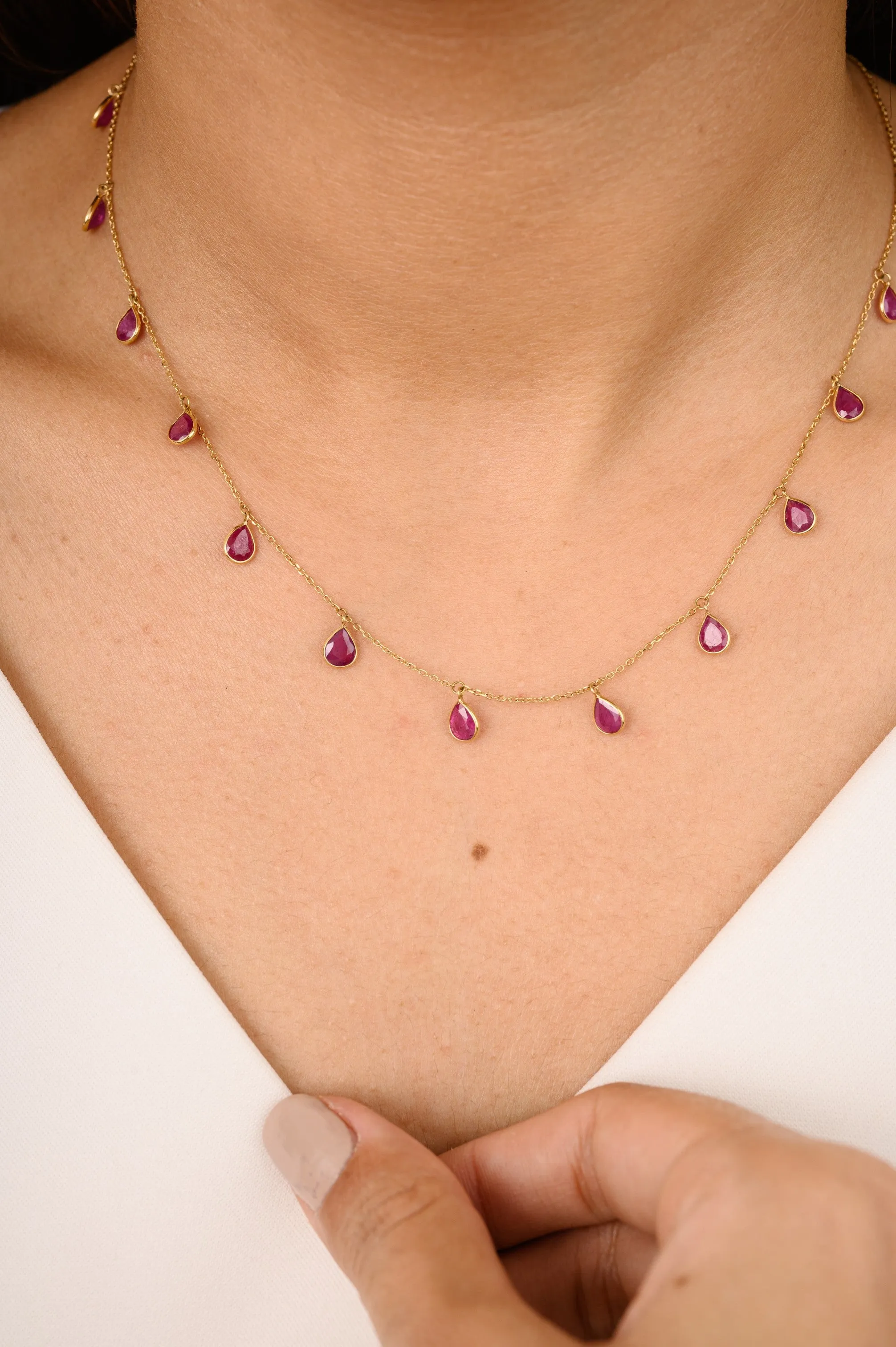 18K Solid Yellow Gold Ruby Station Necklace