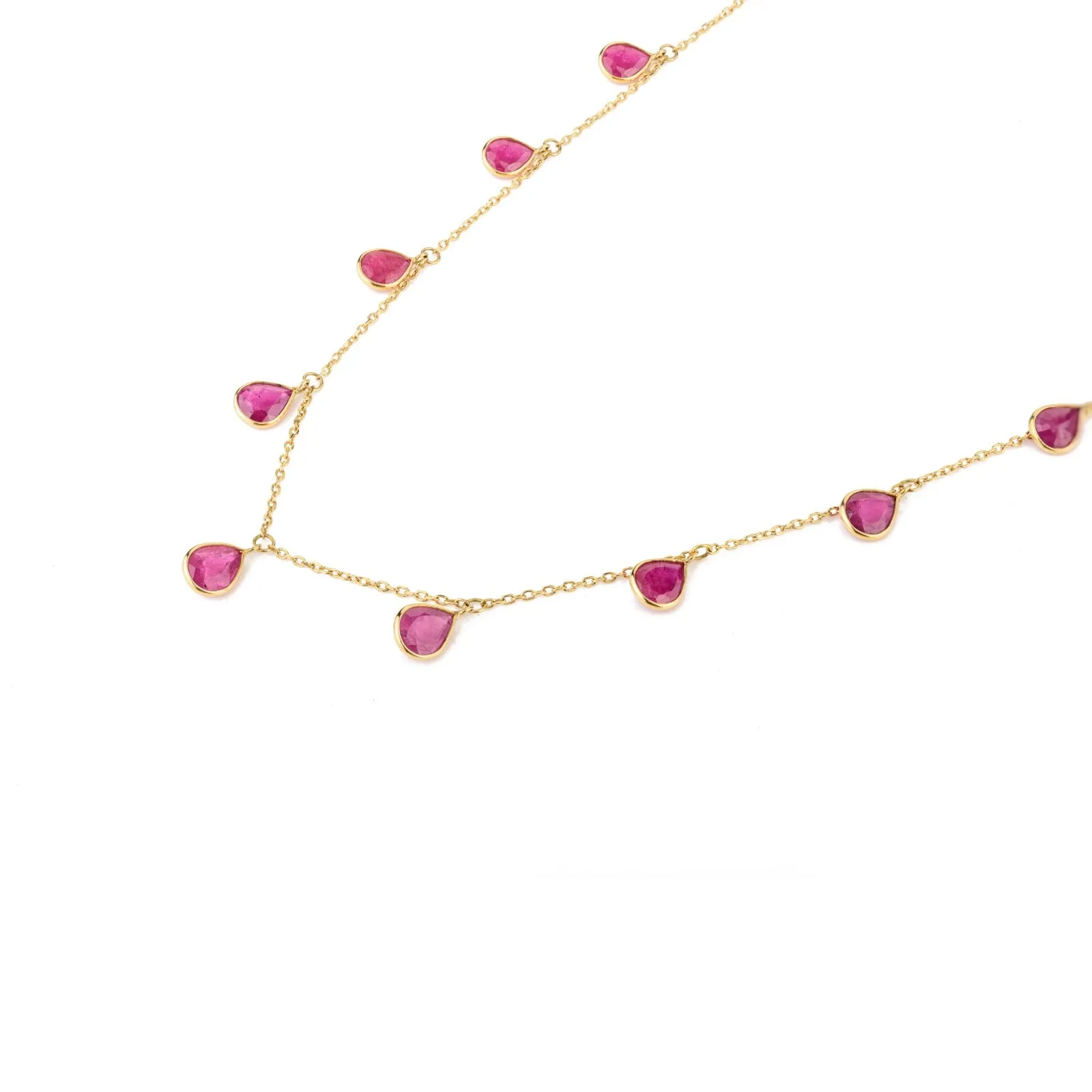 18K Solid Yellow Gold Ruby Station Necklace