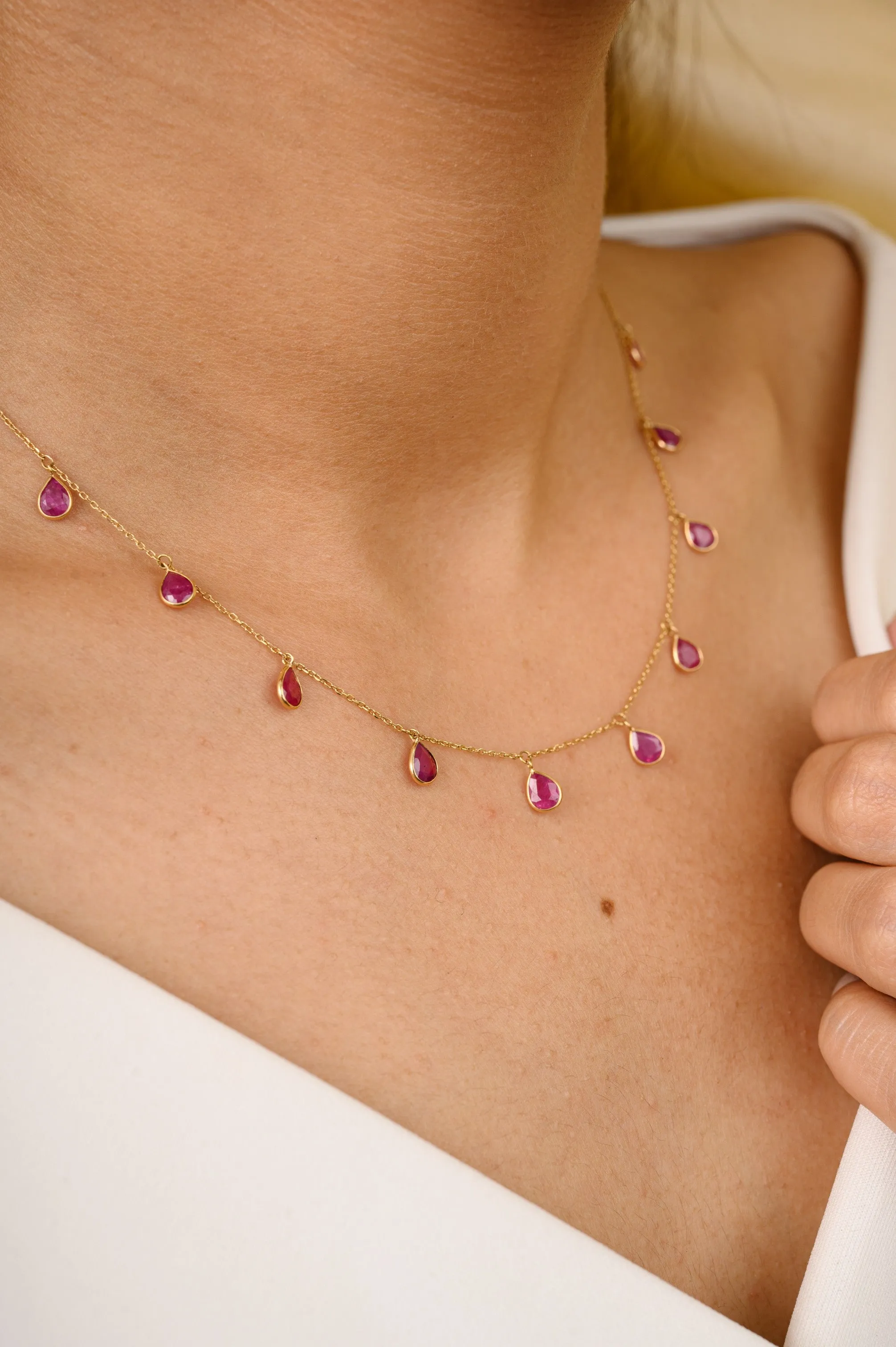 18K Solid Yellow Gold Ruby Station Necklace