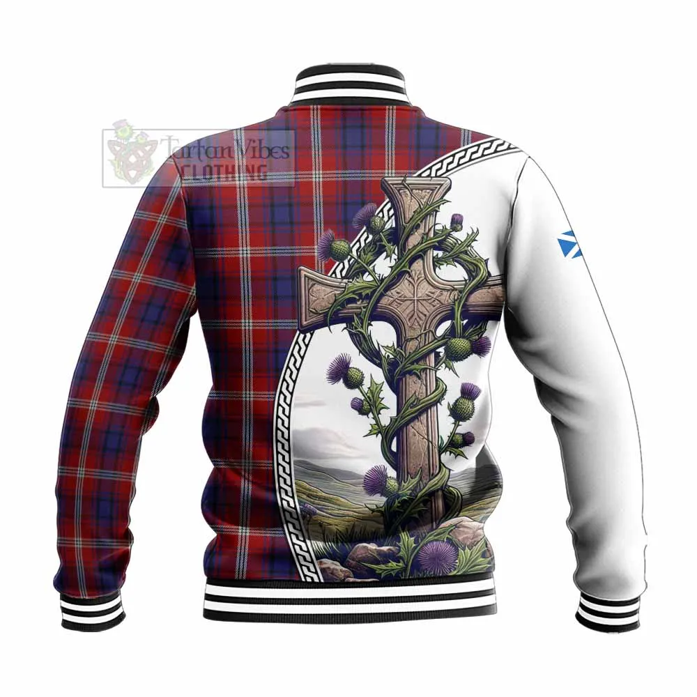 Ainslie Tartan Baseball Jacket with Family Crest and St. Andrew's Cross Accented by Thistle Vines