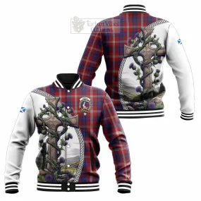Ainslie Tartan Baseball Jacket with Family Crest and St. Andrew's Cross Accented by Thistle Vines