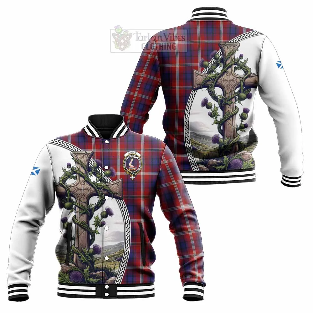 Ainslie Tartan Baseball Jacket with Family Crest and St. Andrew's Cross Accented by Thistle Vines