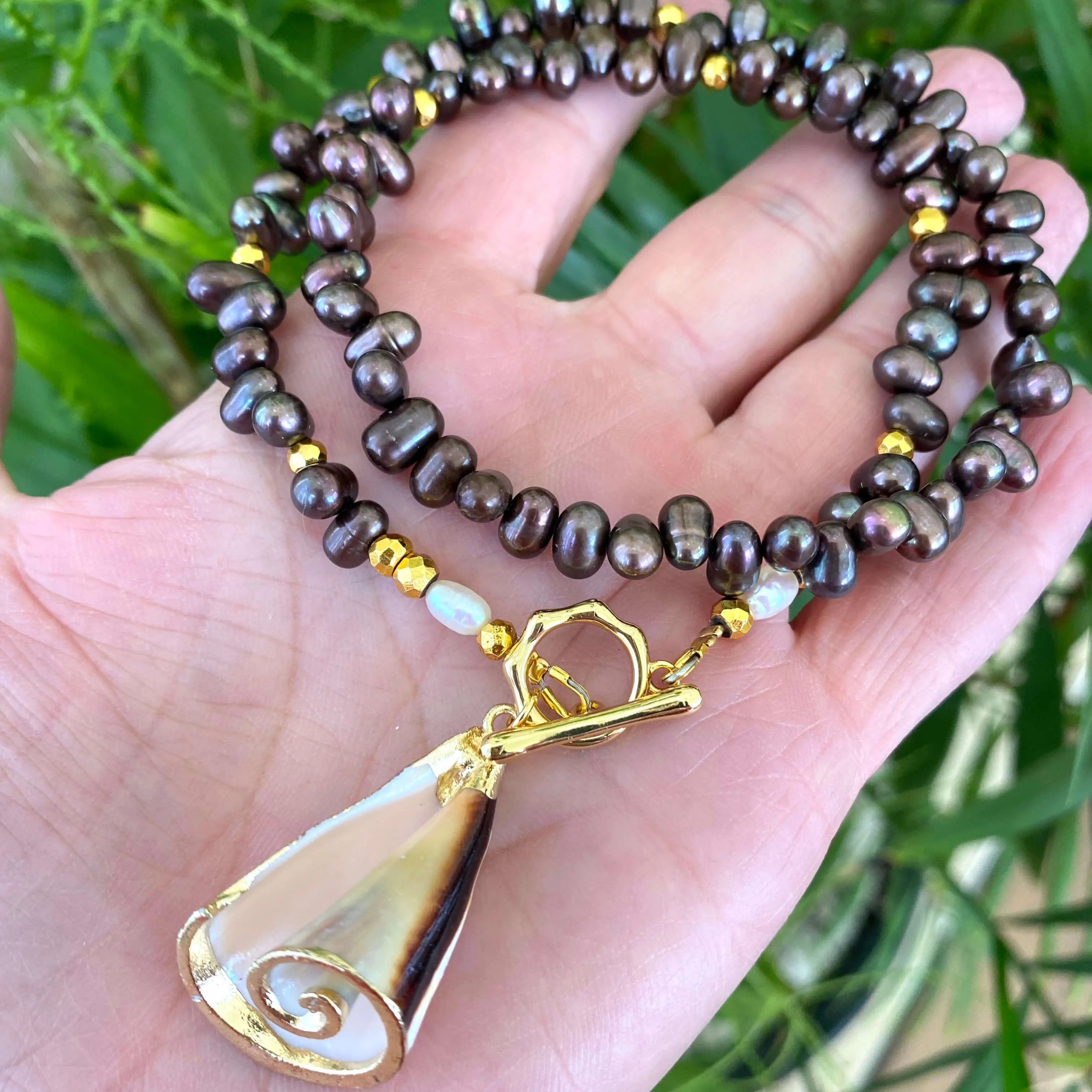 Brown Pearls Toggle Necklace with Real Seashell Charm Pendant, Gold Plated, 18Inches