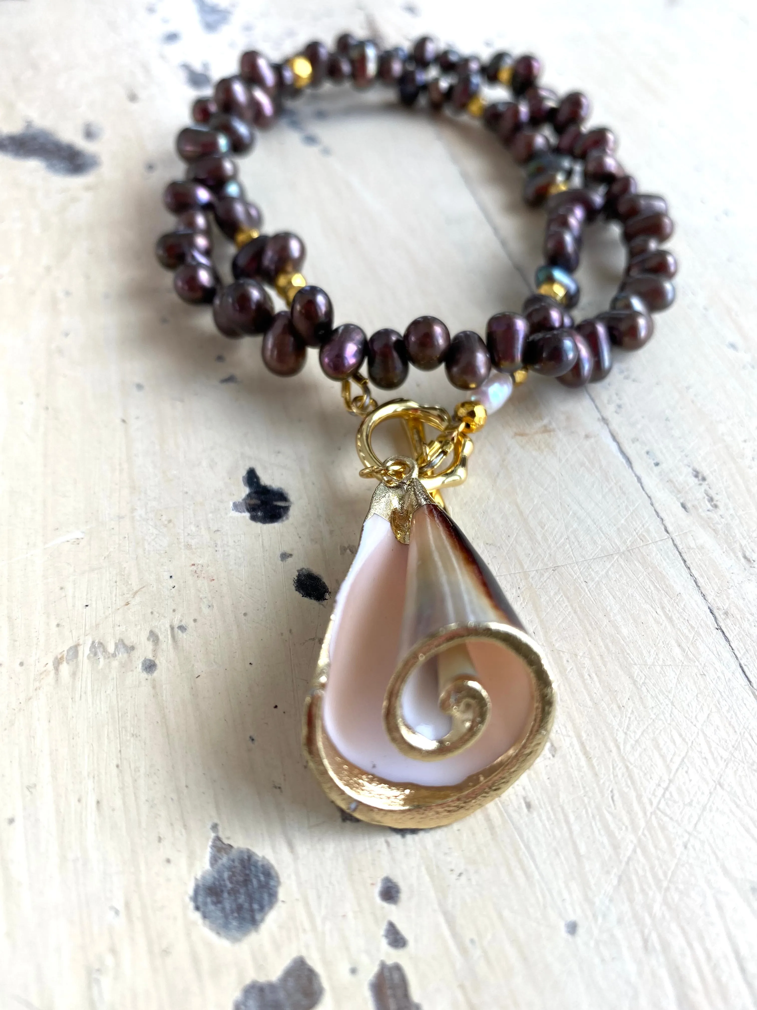 Brown Pearls Toggle Necklace with Real Seashell Charm Pendant, Gold Plated, 18Inches