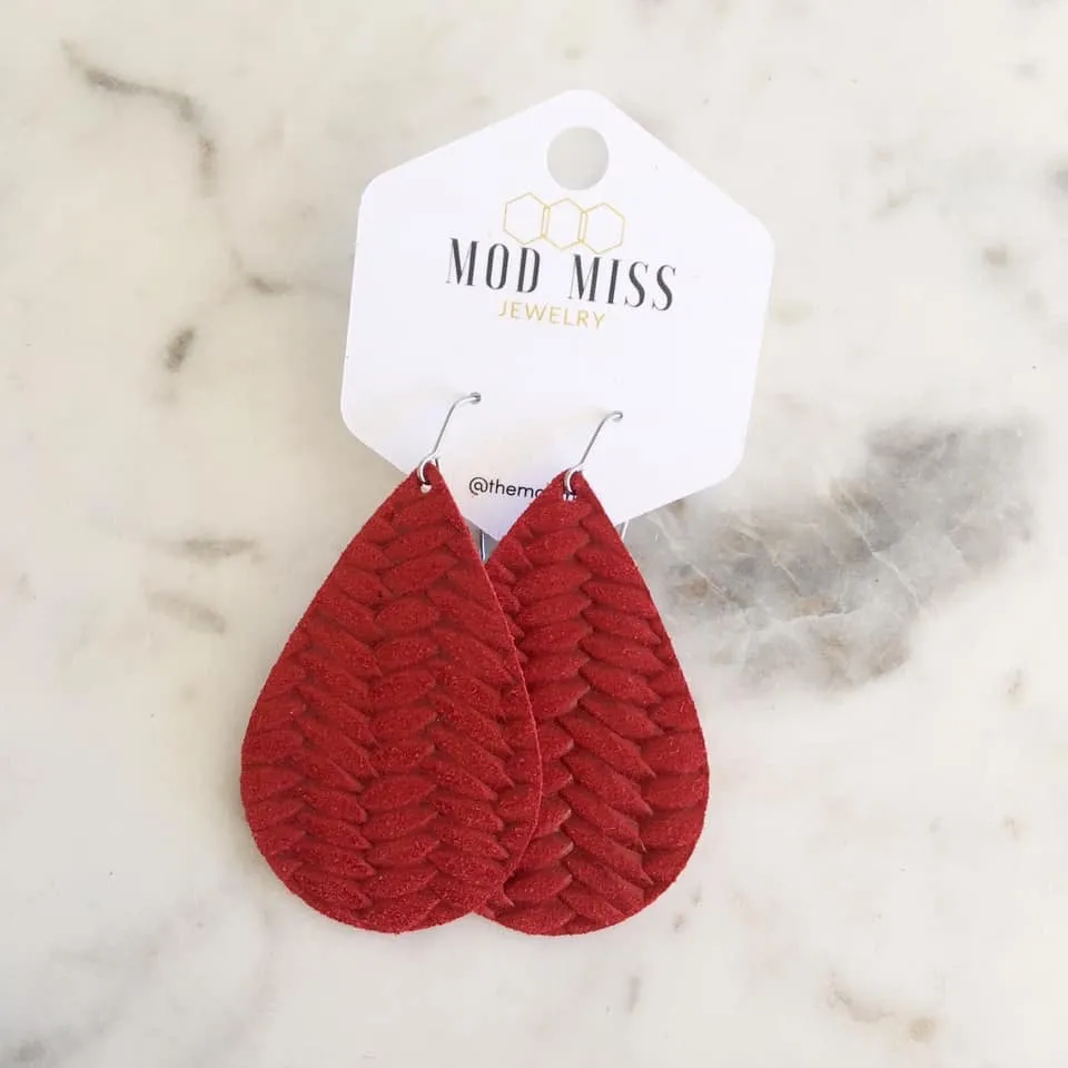 Dorothy Red Fishtail Braided Italian Leather Teardrop Earrings
