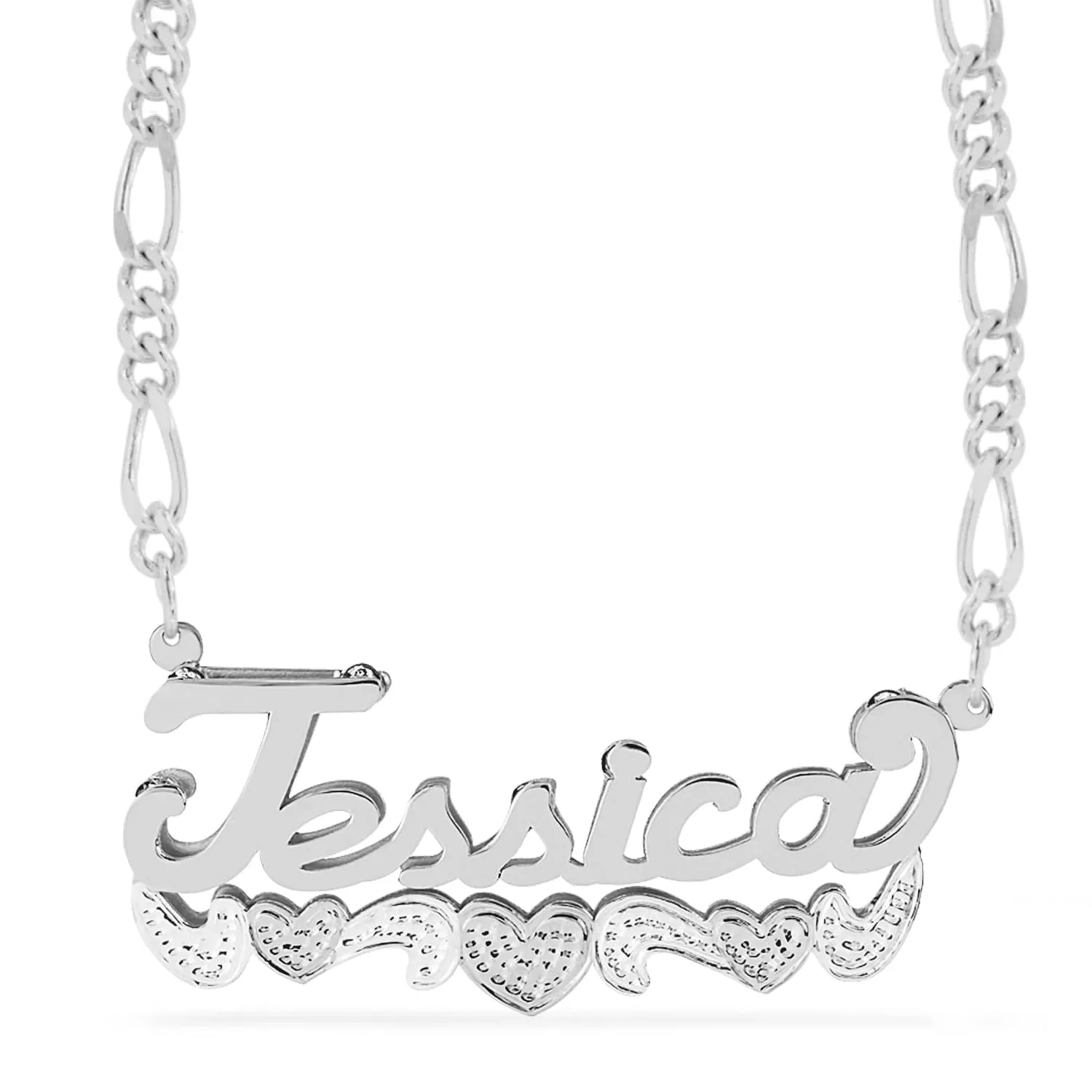 Double Name Necklace w/Beading-Rhodium with Figaro chain