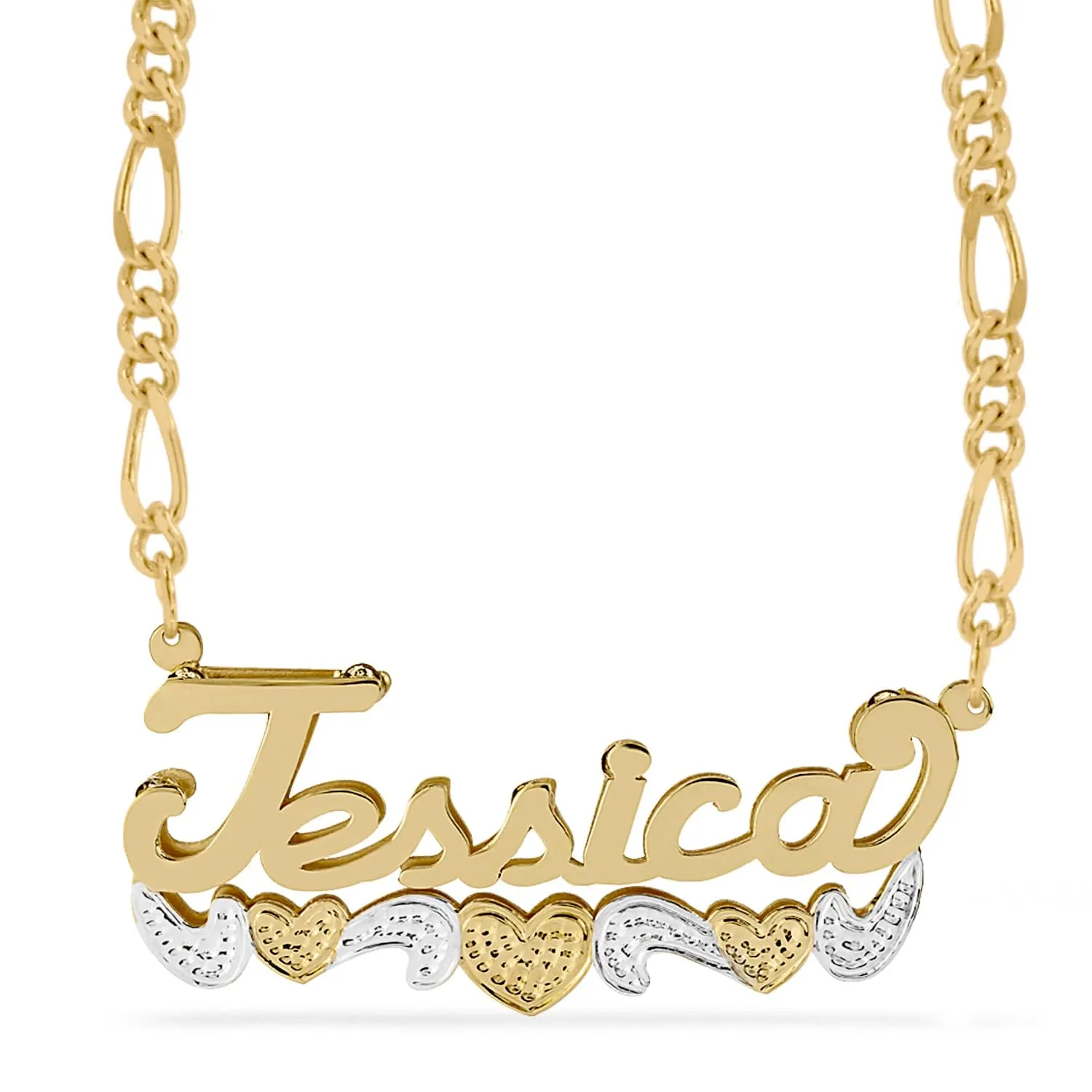 Double Name Necklace w/Beading-Rhodium with Figaro chain