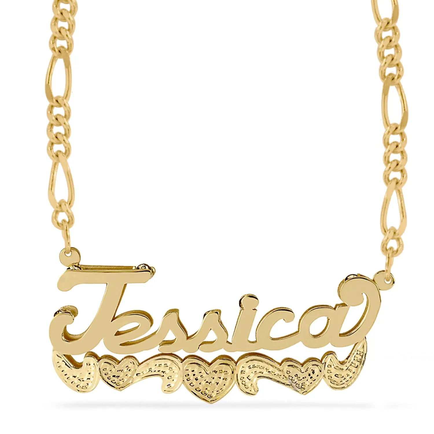 Double Name Necklace w/Beading-Rhodium with Figaro chain