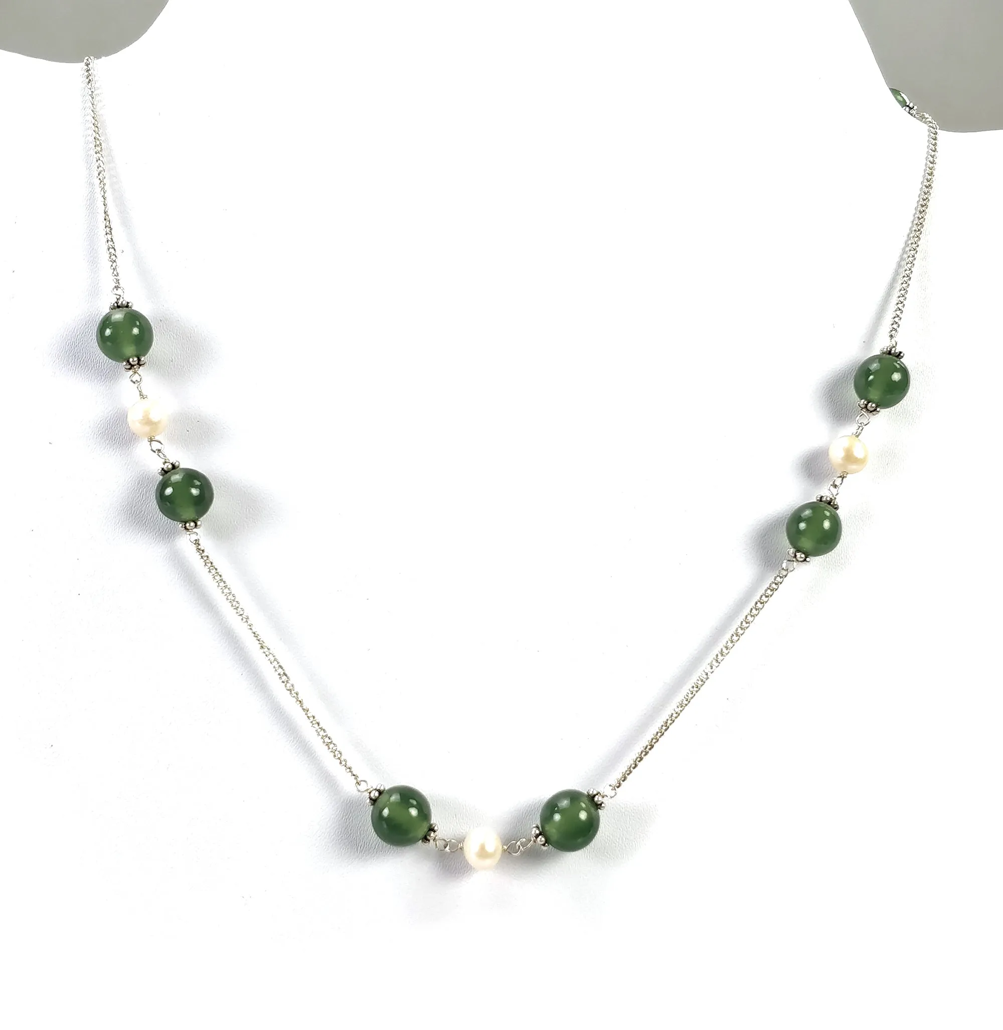Green SERPENTINE & White PEARL Gemstones Beads Chain NECKLACE : 925 Sterling Silver Natural Round Cabochon 17" Statement Necklace