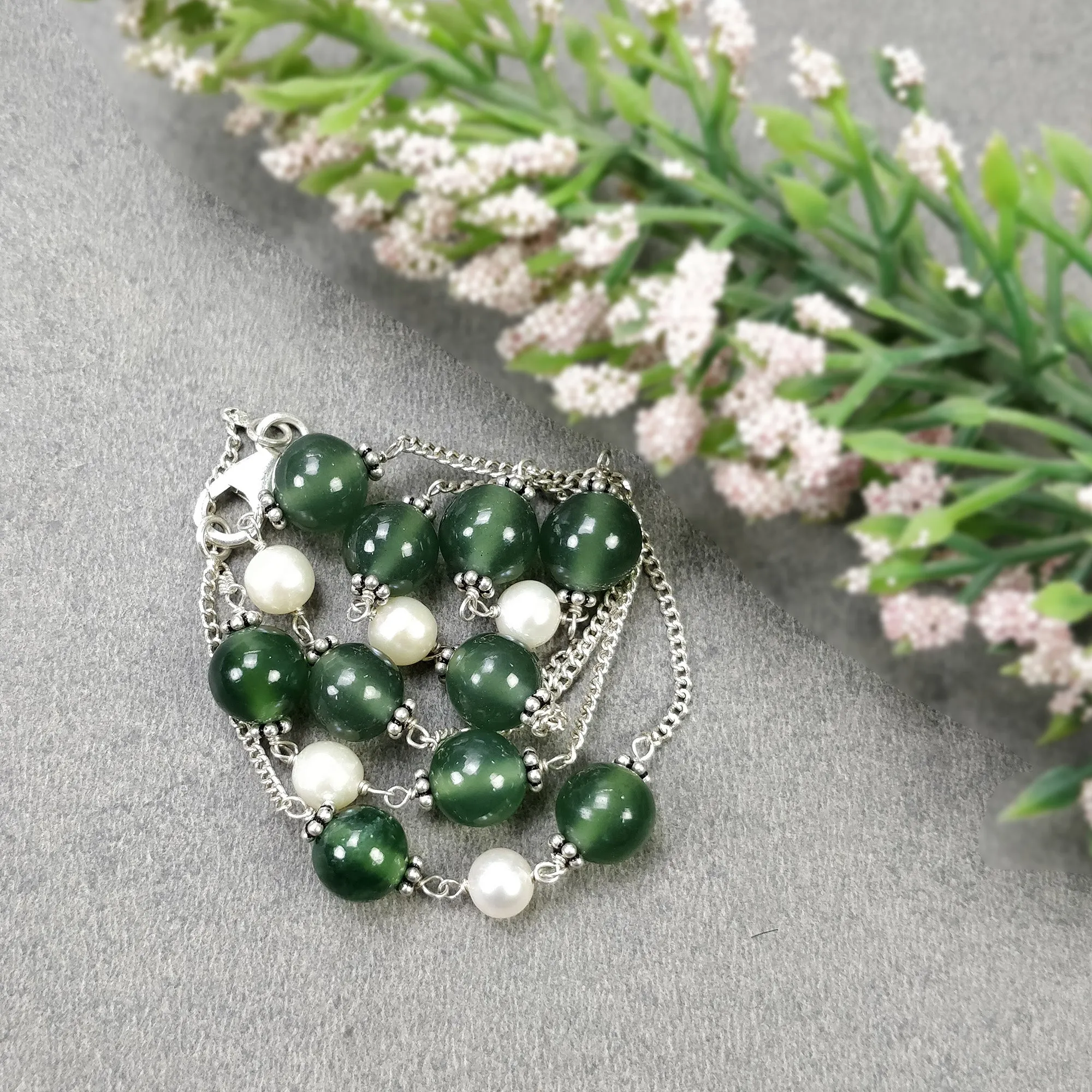 Green SERPENTINE & White PEARL Gemstones Beads Chain NECKLACE : 925 Sterling Silver Natural Round Cabochon 17" Statement Necklace