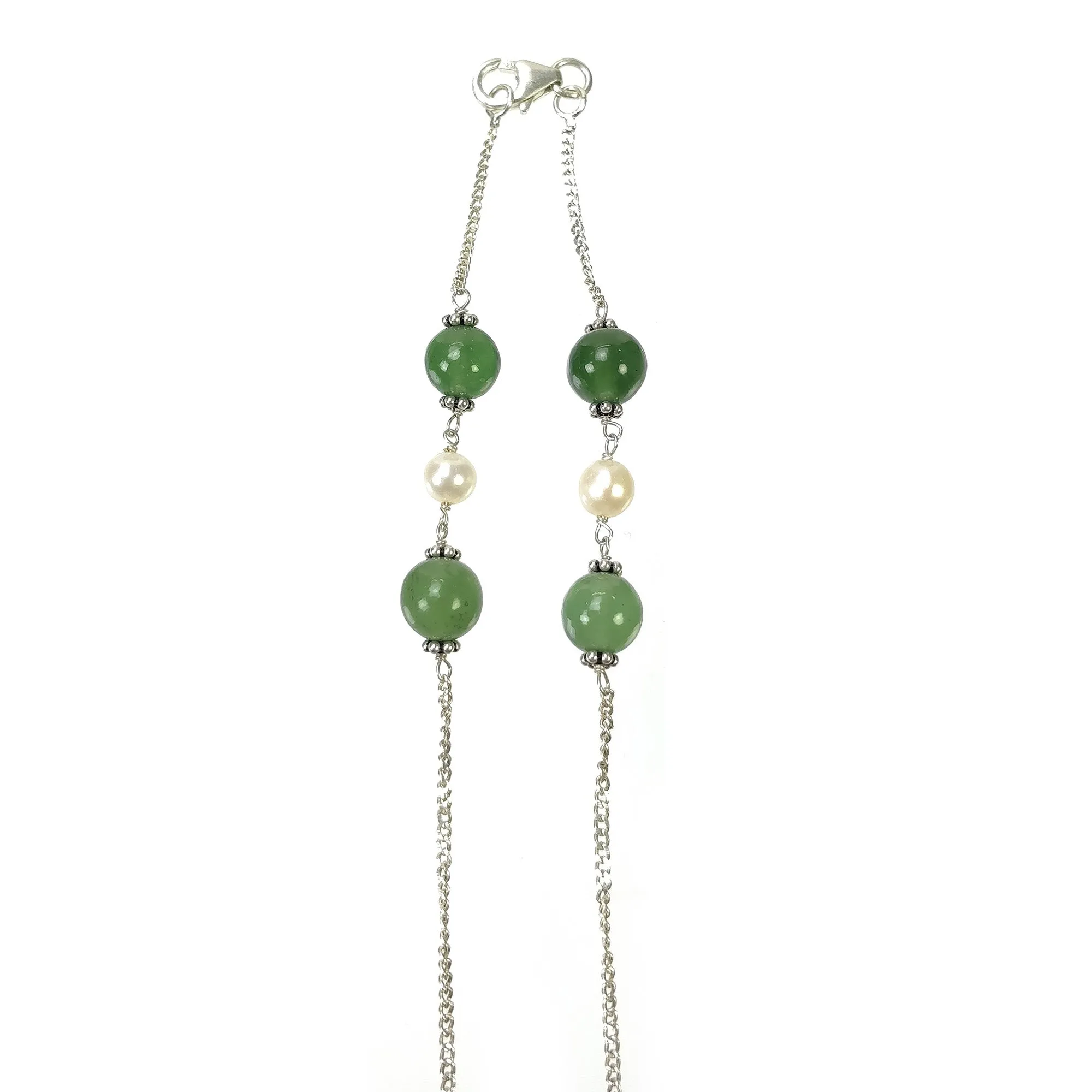 Green SERPENTINE & White PEARL Gemstones Beads Chain NECKLACE : 925 Sterling Silver Natural Round Cabochon 17" Statement Necklace
