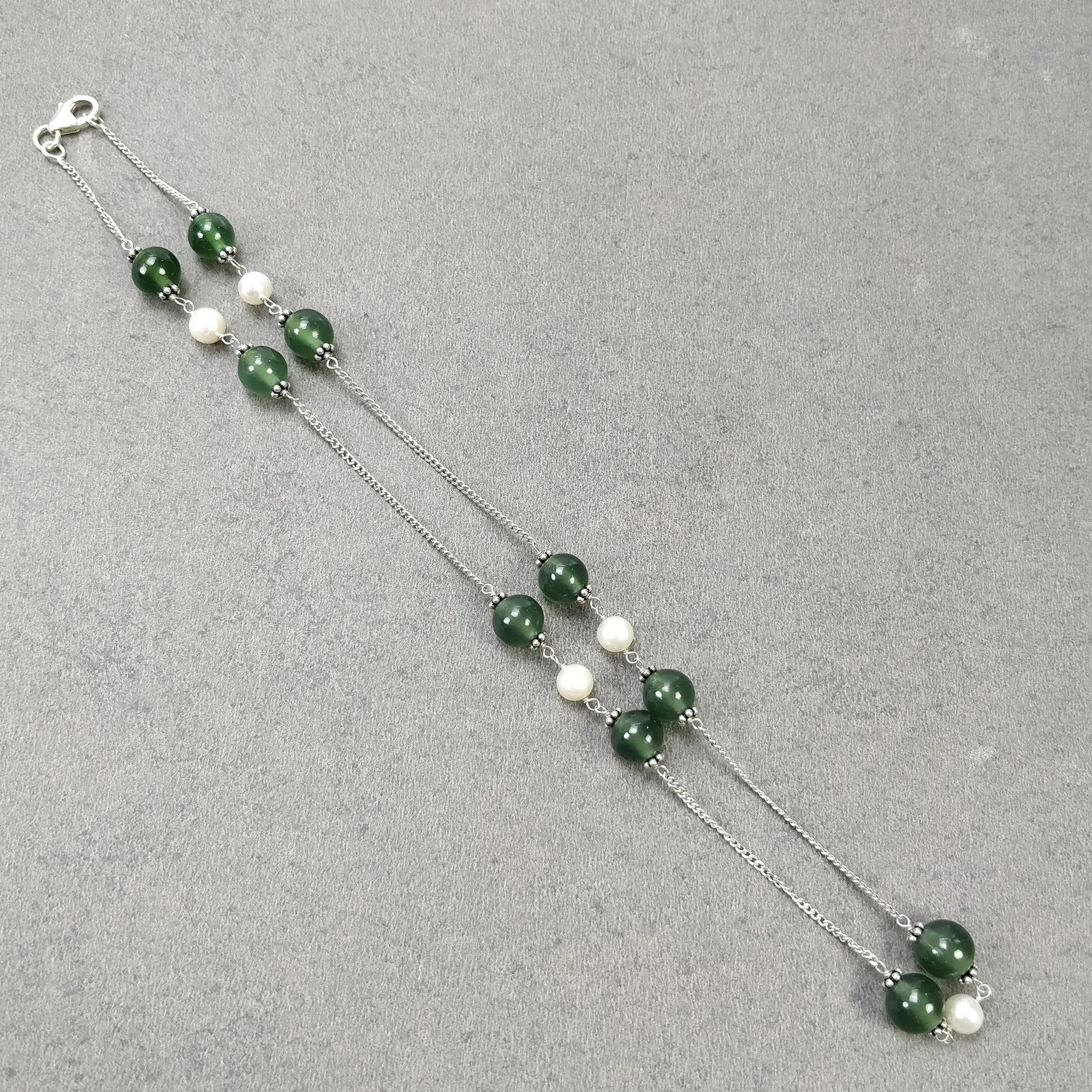 Green SERPENTINE & White PEARL Gemstones Beads Chain NECKLACE : 925 Sterling Silver Natural Round Cabochon 17" Statement Necklace