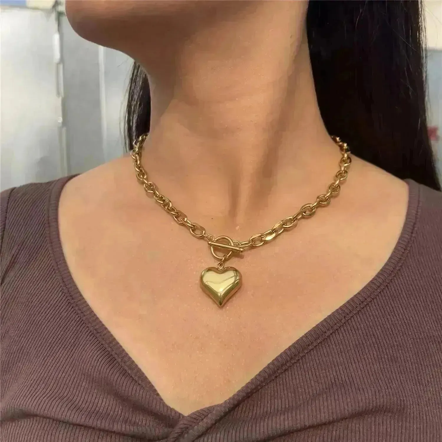 Personalized Punk Stainless Steel Peach Heart Pendant Hemp Flowers Valentine Necklace