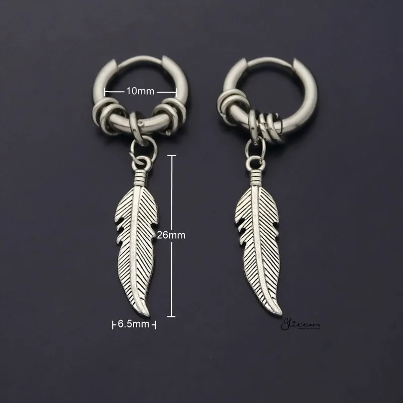 Stainless Steel Huggie Hoop Earrings with Drop Feather and Rings - Silver
