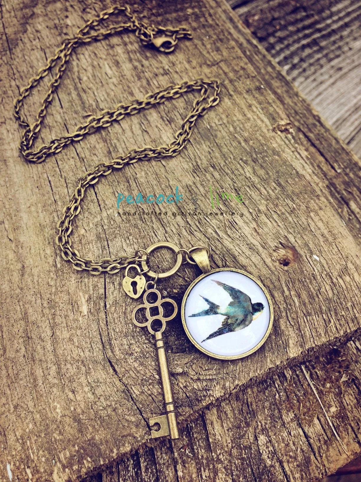 swallow bird, lock and key pendant necklace