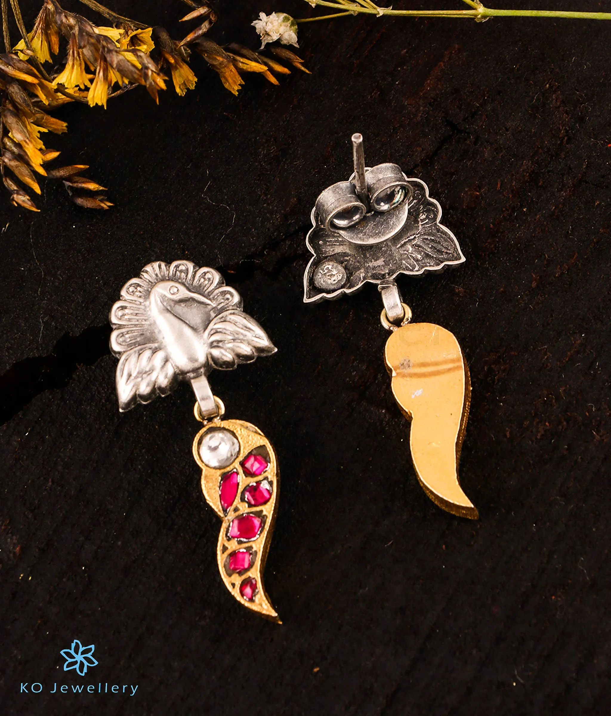 The Parijata Silver Peacock Kundan Earrings (Red)